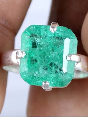 CERTIFIED 6.10 CT NATURAL Green Emerald Octagon Cut 925 Sterling Silver Ring